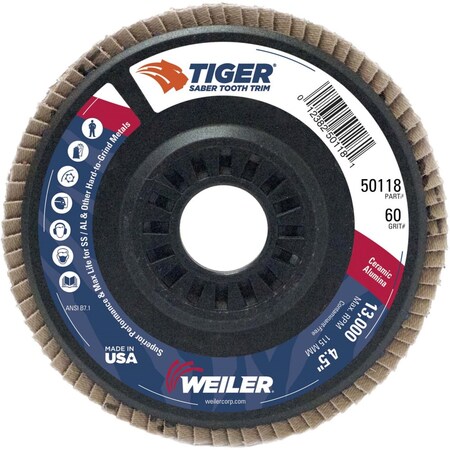 Weiler 4-1/2" Tiger Flap Disc, Angled (TY29), Backing, 60C, 7/8" 50118